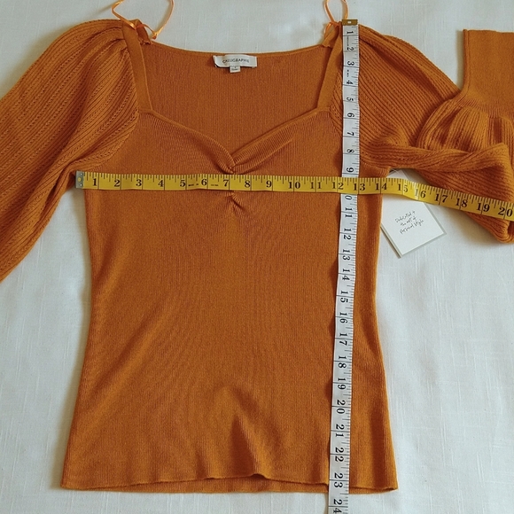 Mustard balloon sleeves knit pullover top wool blend sweetheart neck size small - Picture 8 of 11